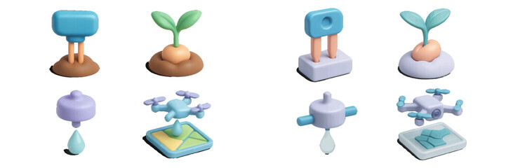 Smart farming icons: drone, seed, water drop, sensor. Modern 3D Icon Set