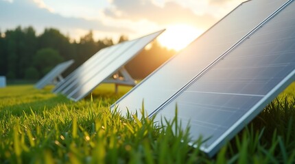 A field of sleek, modern solar panels, with a natural, soft lighting that emphasizes their clean design and function