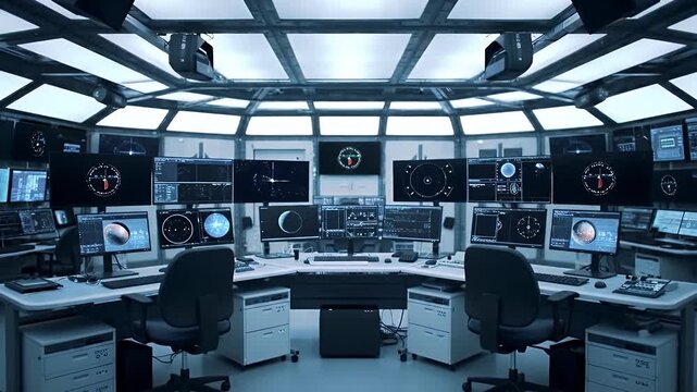 High Tech Orbital Rendezvous Software Validation Lab with Bright Illumination and Multiple Computer Monitors for Data Analysis and System Control in a Modern Futuristic Interior