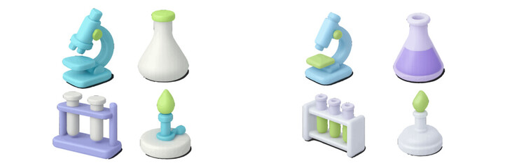 Stylized laboratory equipment in pastel colors. Modern 3D Icon Set