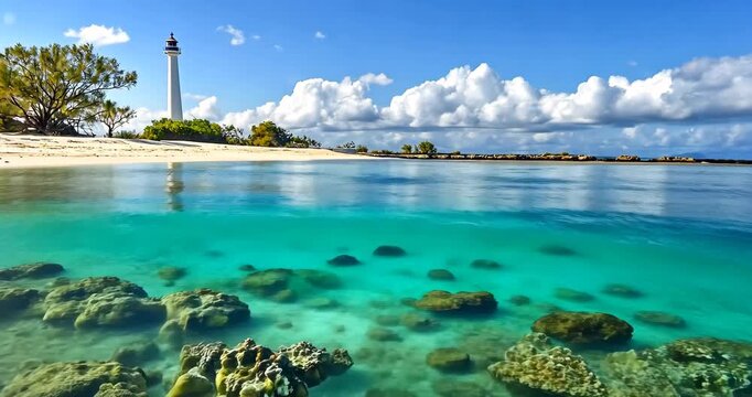 A beautiful split shot of a white sandy beach with a lighthouse and vibrant coral reef.