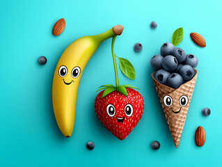 cheerful summer background with scattered cartoon-style fruits and flowers with happy faces on a pas