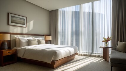 Fototapeta premium Modern luxury bedroom with large windows. Sunlight streams into a spacious room featuring a king-sized bed, wooden furniture, and sheer curtains