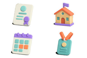 Obraz premium Certificate, School, Calendar, and Badge Icons. Modern 3D Icon Set