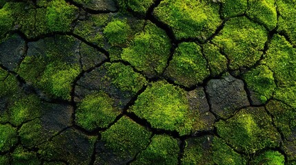 Close-up of green moss growing on cracked earth, showcasing nature's resilience and vibrant details. 