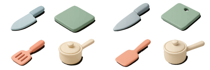 Pastel kitchen utensils and cookware in isometric view. Modern 3D Icon Set