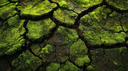 Close-up view of vibrant green moss growing on cracked soil, highlighting the beauty of natural textures and patterns. The image focuses on the interplay of the earth's surface