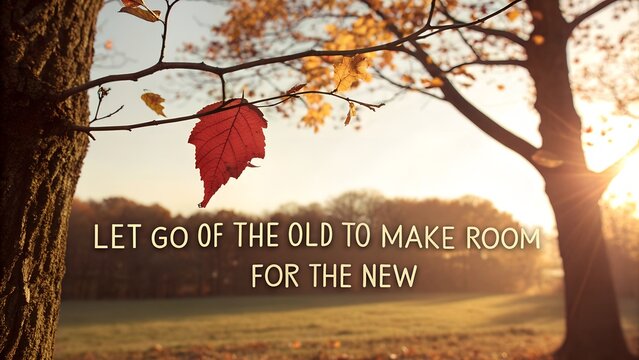 Inspirational quote on letting go with a single red autumn leaf at sunrise.