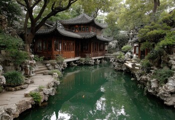Fototapeta premium Asian garden with wooden pavilions, reflecting pond