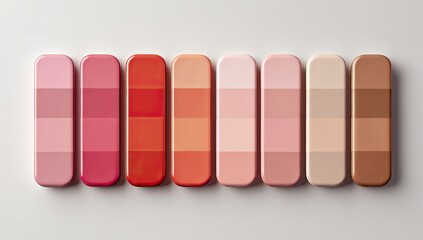 Fototapeta premium A row of eight rectangular cosmetic products, showcasing a spectrum of shades from light pink to deep brown.
