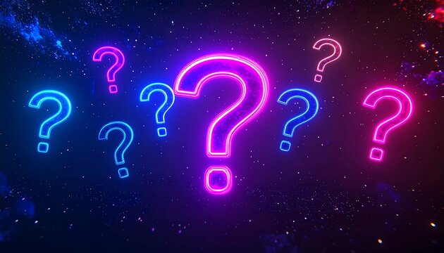 Neon question marks in a dark space