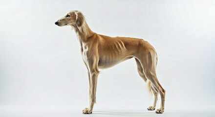 Saluki dog with elegant slim legs on a clean white backdrop