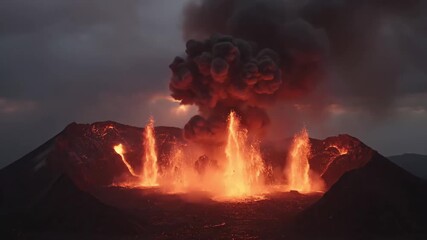 Apocalyptic caldera eruption with towering ash plumes and roaring lava fountains; cinematic footage for disaster, geology, and news themes. generative AI