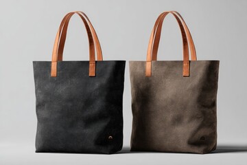 Two neutral-toned tote bags, likely canvas or suede, with tan leather handles, presented on a light gray background
