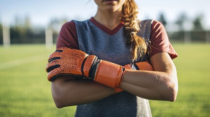 A young female soccer goalkeeper stands confidently on a grassy field, wearing orange goalkeeper gloves and a gray and red athletic shirt. She has long braided hair and her arms are crossed. 