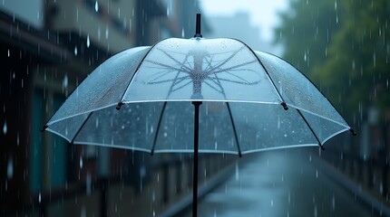 A transparent umbrella with a focus on the light and reflections passing through the clear surface