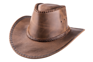 Rustic Brown Leather Cowboy Hat with Braided Trim and Eyelets leather hat western hat isolated on a transparent background