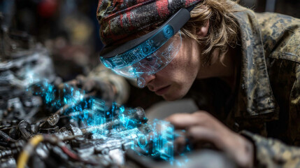 Focused young technician engineer wearing futuristic augmented reality goggle examines complex machinery, using holographic technology for data analysis and intricate repair work