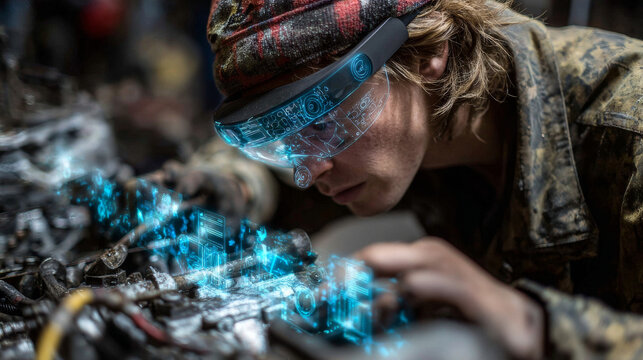 Focused young technician engineer wearing futuristic augmented reality goggle examines complex machinery, using holographic technology for data analysis and intricate repair work - Powered by Adobe