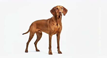 An athletic Vizsla with a lean, poised body on a pure white background