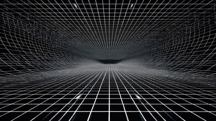 A futuristic and abstract grid tunnel with a perspective view, evoking a sense of depth, technology, and the unknown