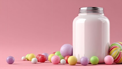 Pink background, blank white jar, colorful candies