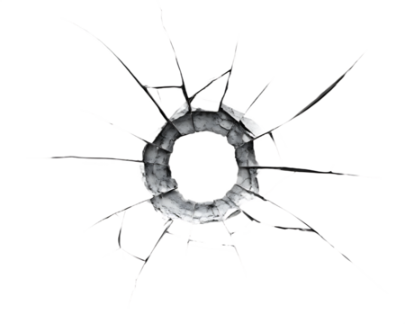 Shattered Glass Bullet Hole with Radial Cracks on broken glass impact isolated on a transparent background