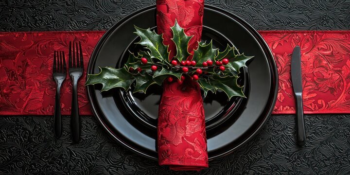 A dramatic, close-up table setting for a festive Christmas dinner. A black plate holds a red napkin adorned with a sprig of holly and berries. A black fork and knife rest beside the plate.