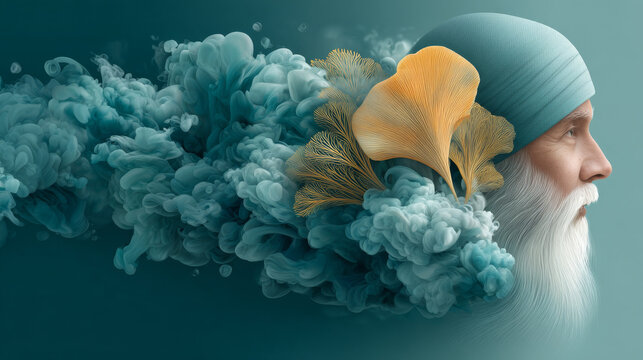 Old man with long white beard in profile, expressing calm sense of wisdom and spirituality. surreal concept of his head dissolving into smoke with ginkgo leaf - Powered by Adobe