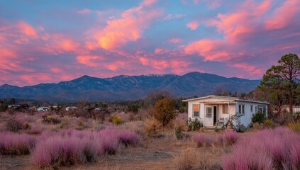Rustic cabin at dusk, nestled in a desert landscape, with vibrant sunset clouds and distant mountains