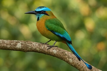 Colorful tropical bird perched branch.