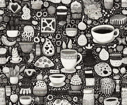 seamless pattern of hand-drawn doodle food and drink items (e.g., pizza, coffee