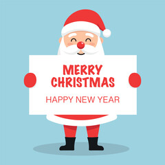 Santa Claus holding Merry Christmas and Happy New Year card, flat style vector illustration