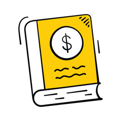 Hand drawn book icon featuring a dollar sign, representing financial knowledge.