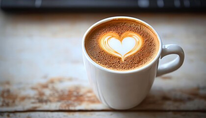 Close Up of a White Ceramic Mug Filled with Coffee and Heart Shape Latte Art on Rustic Desk