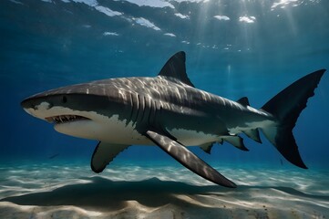 Obraz premium Great White Shark Swimming Underwater in Clear Ocean Water