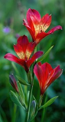 Fototapeta premium Close-up of three vibrant red lilies with hints of yellow
