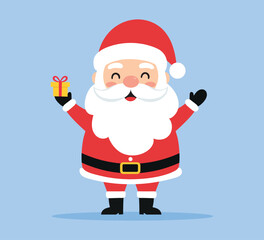 Cartoon Santa Claus. Vector illustration of happy Santa Claus holding gift box in his hand in flat style