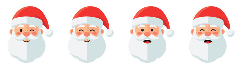 Set of cartoon Santa Claus heads or face in flat style. Vector illustration.