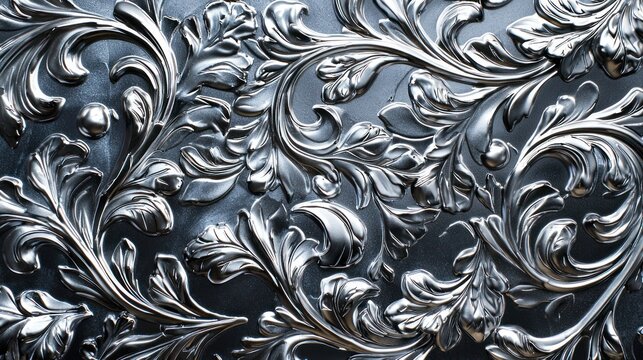 A close-up shot of a highly detailed, silver-colored decorative panel featuring intricate, swirling floral and scrollwork.  - Powered by Adobe