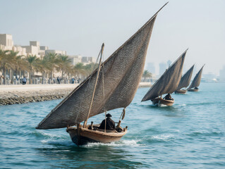 elegant dhow boats sailing on the turquoise waters of the persian gulf near the doha corniche