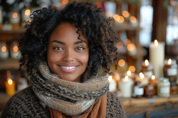 Shopkeeper smiling in front of candles display during small business saturday