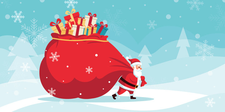 Santa Claus walks through a snowy forest carrying a large sack of gifts