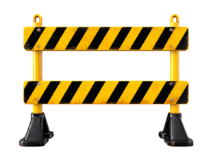 Black and yellow construction road barrier, isolated on a transparent background, PNG