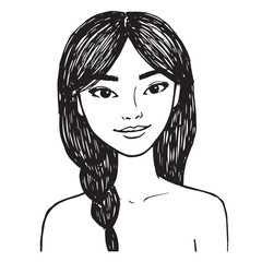 Beautiful Woman Doodle Black and White Illustration Fashion Girl Portrait Line Art Sketch Vector