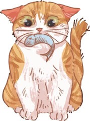 Cat eating with fish illustration