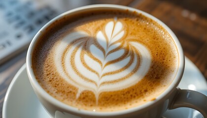 Luxury coffee latte with intricate foam art, morning light.”