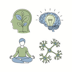 Mental Health Icons Set Featuring Brain with Lightbulb Head Plant Growth Meditating Person and Neural Network Illustrations for Mindfulness