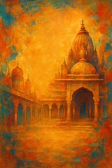 Colorful background with abstract temple in Indian style.