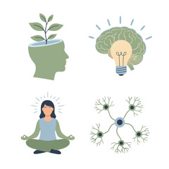 Illustrated Mind and Brain Concepts for Ai Ethics Plant Growth from a Head, Illuminated Brain, Meditation Pose, and Neural Network Diagram